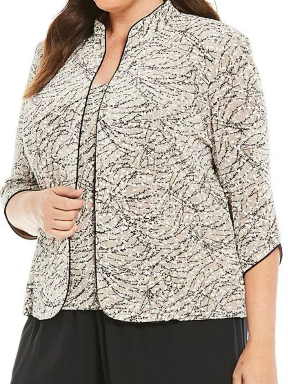 Alex Evenings Cream Printed Open-Front Blouse with Black Trim